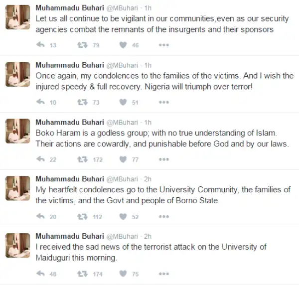 Boko Haram is a godless group - Pres. Buhari reacts to University of Maiduguri bomb attack